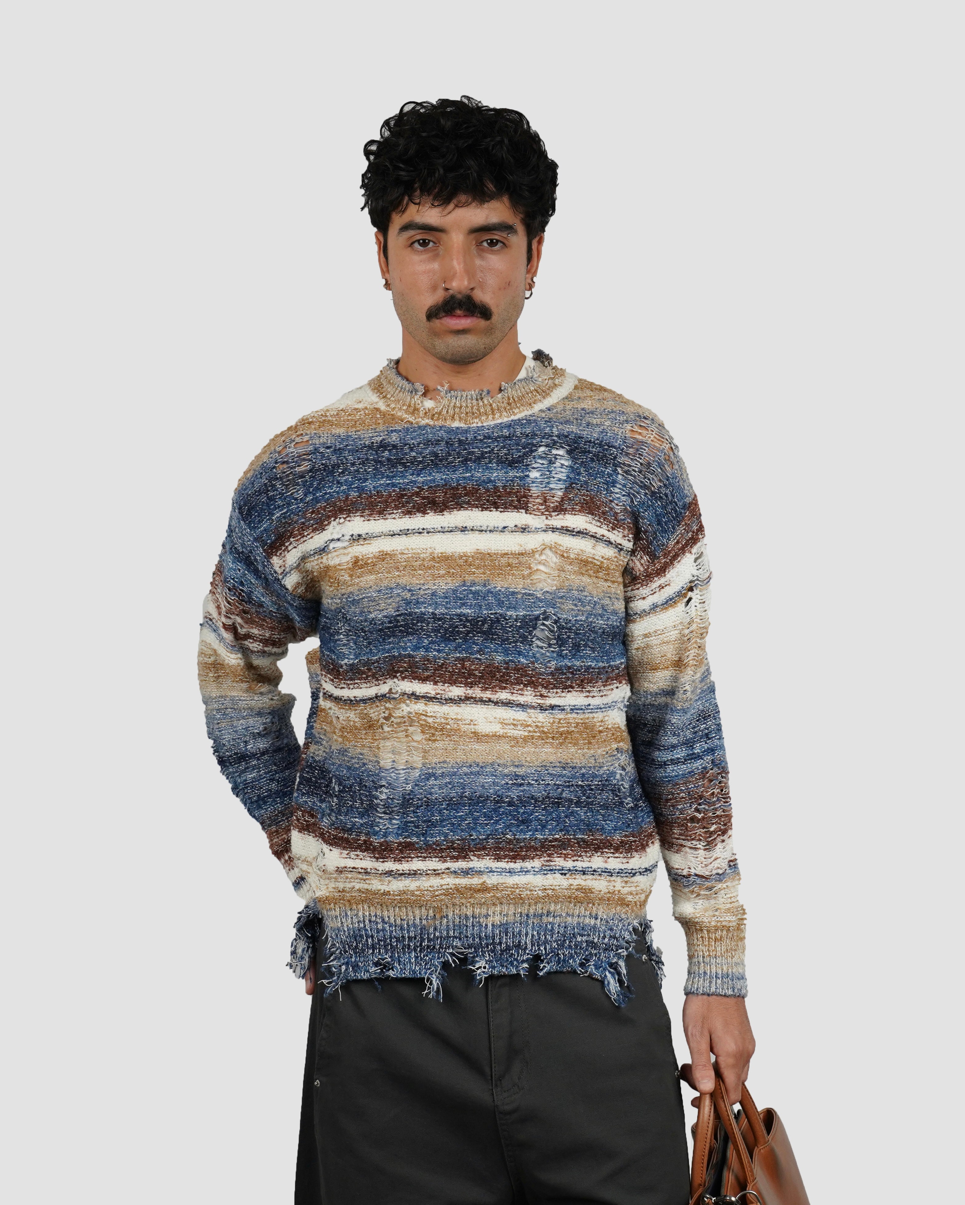 brown striped bouclé sweater