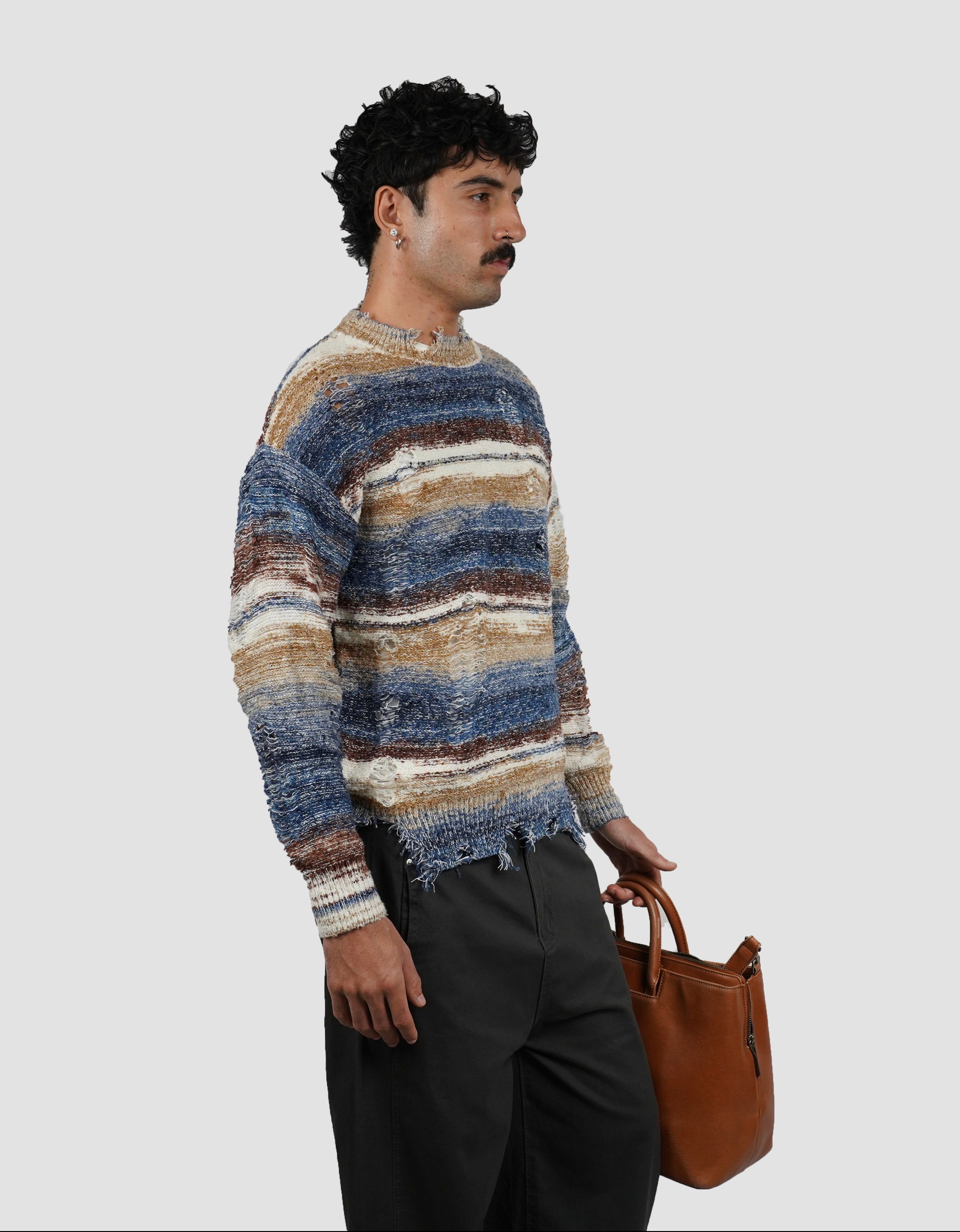 brown striped bouclé sweater