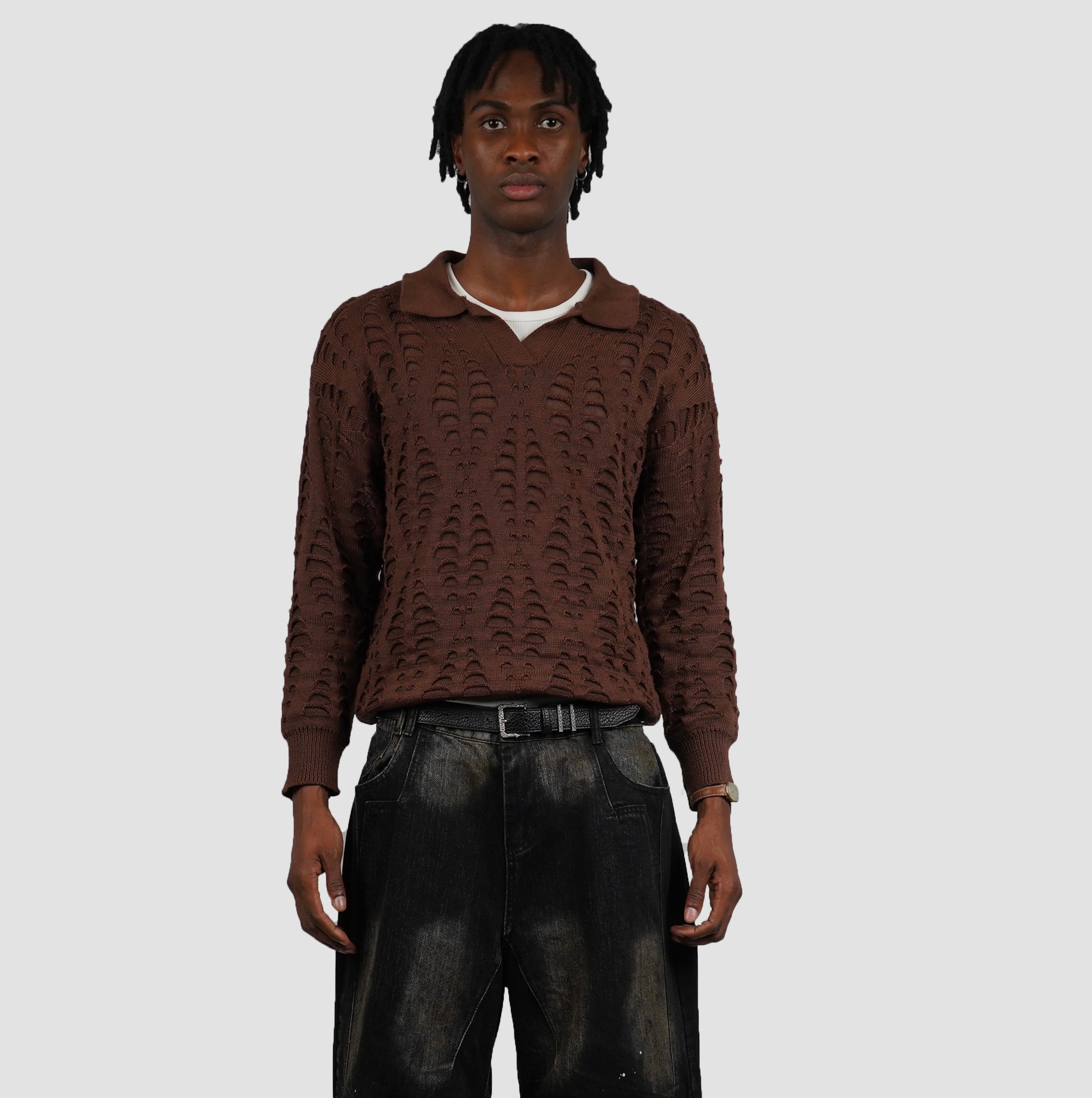 Textured knit longsleeve polo