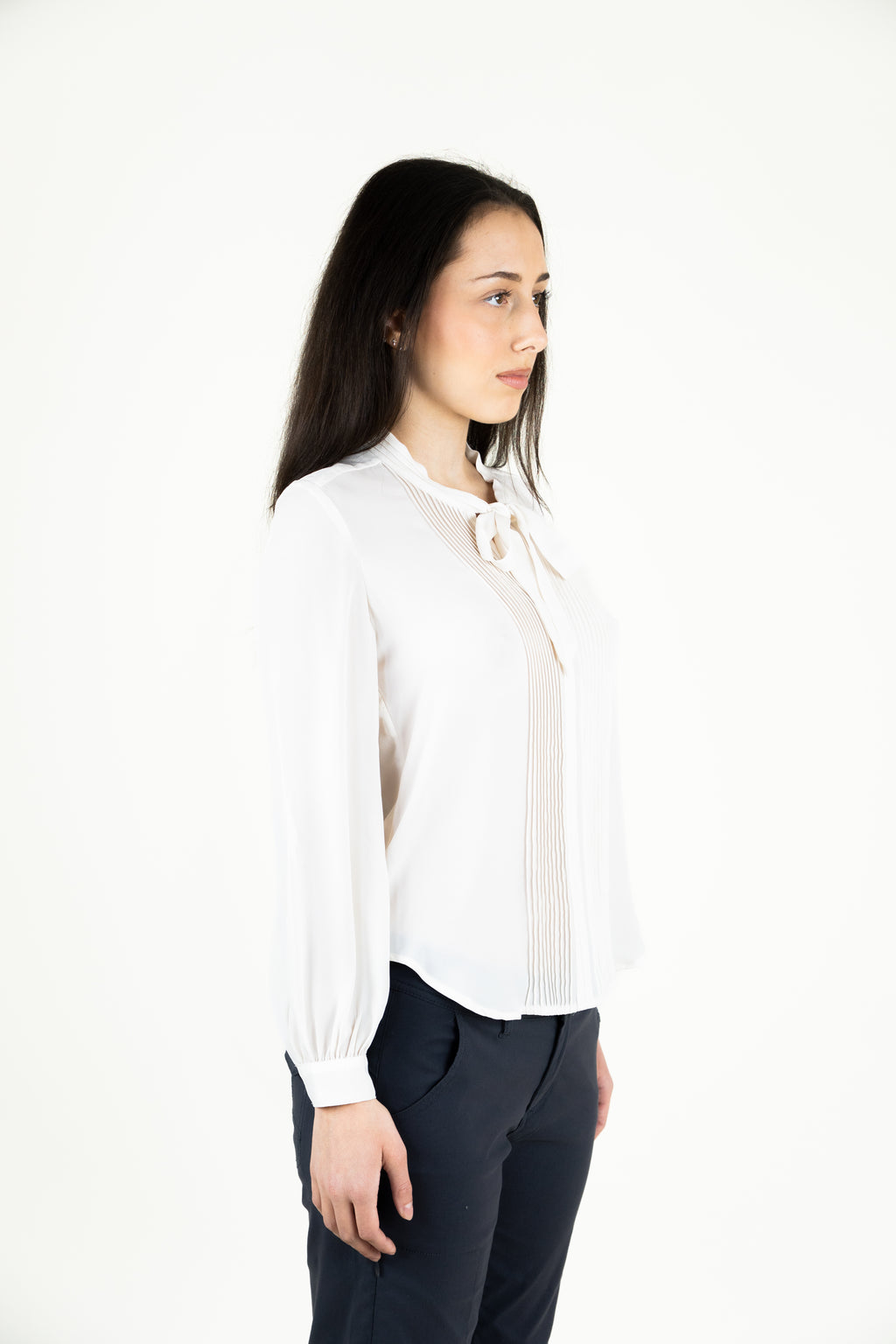 white pintuck bow blouse