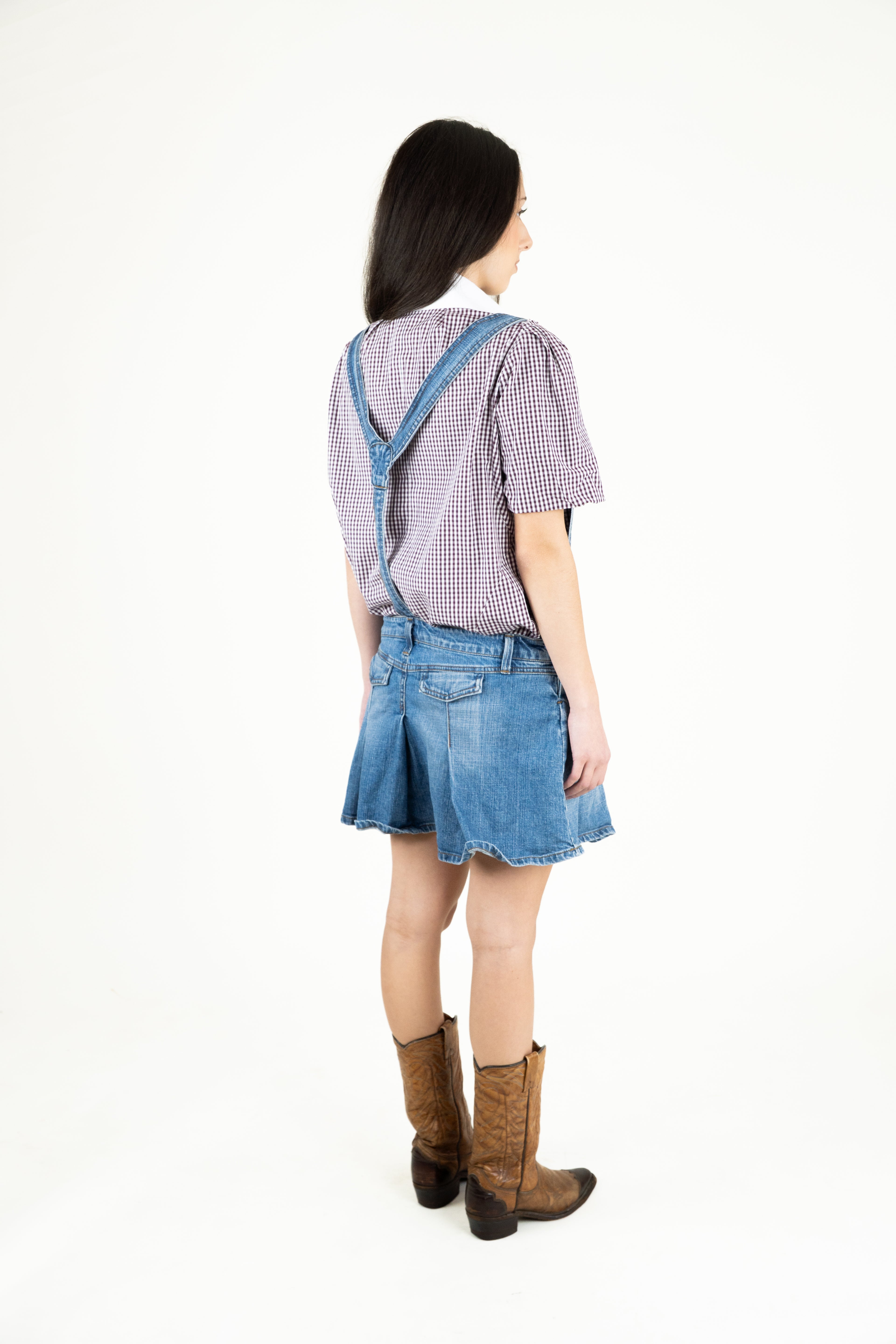 Denim Jumpsuit & gingham blouse look