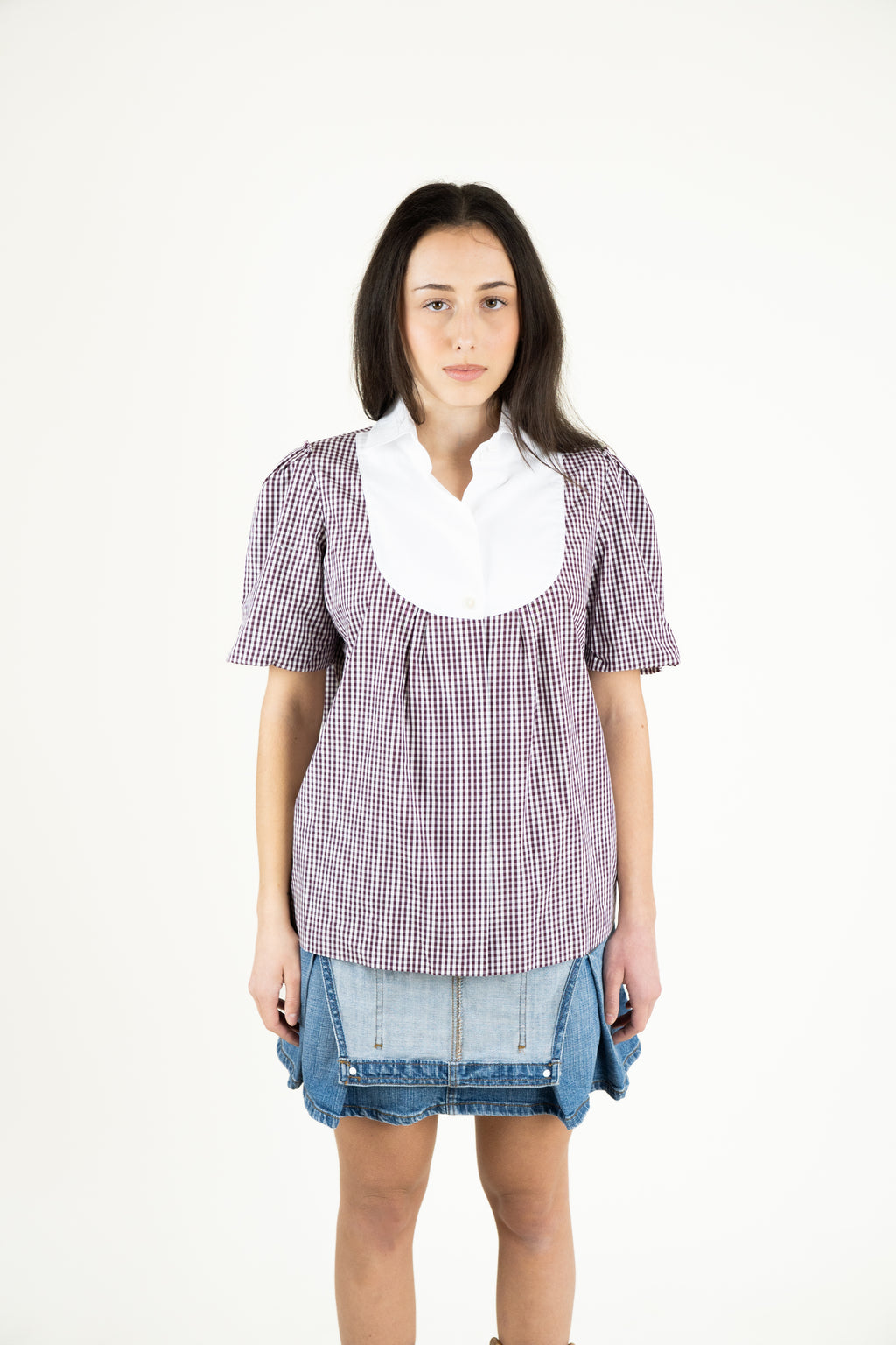 Denim Jumpsuit & gingham blouse look