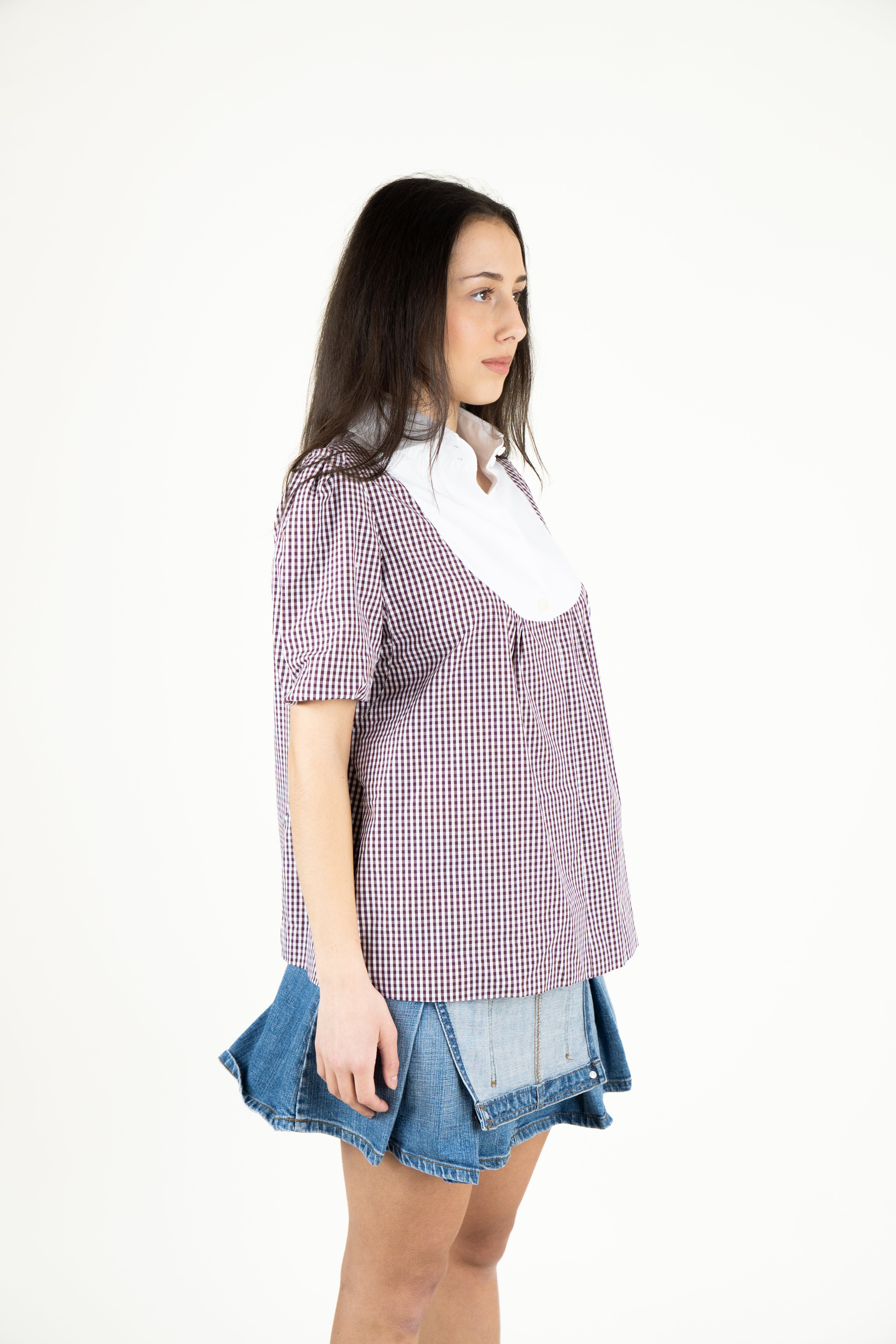 Denim Jumpsuit & gingham blouse look