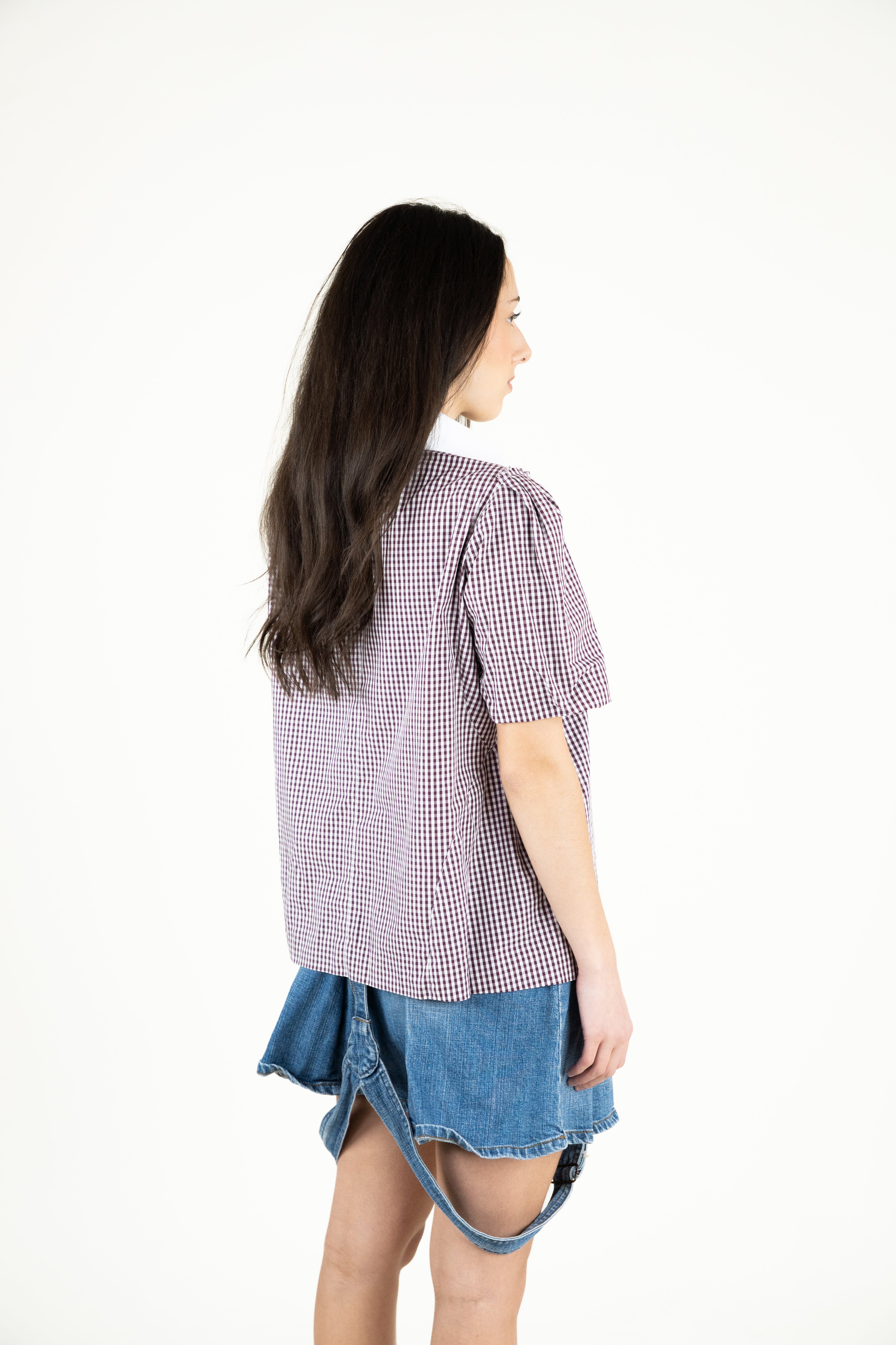 Denim Jumpsuit & gingham blouse look