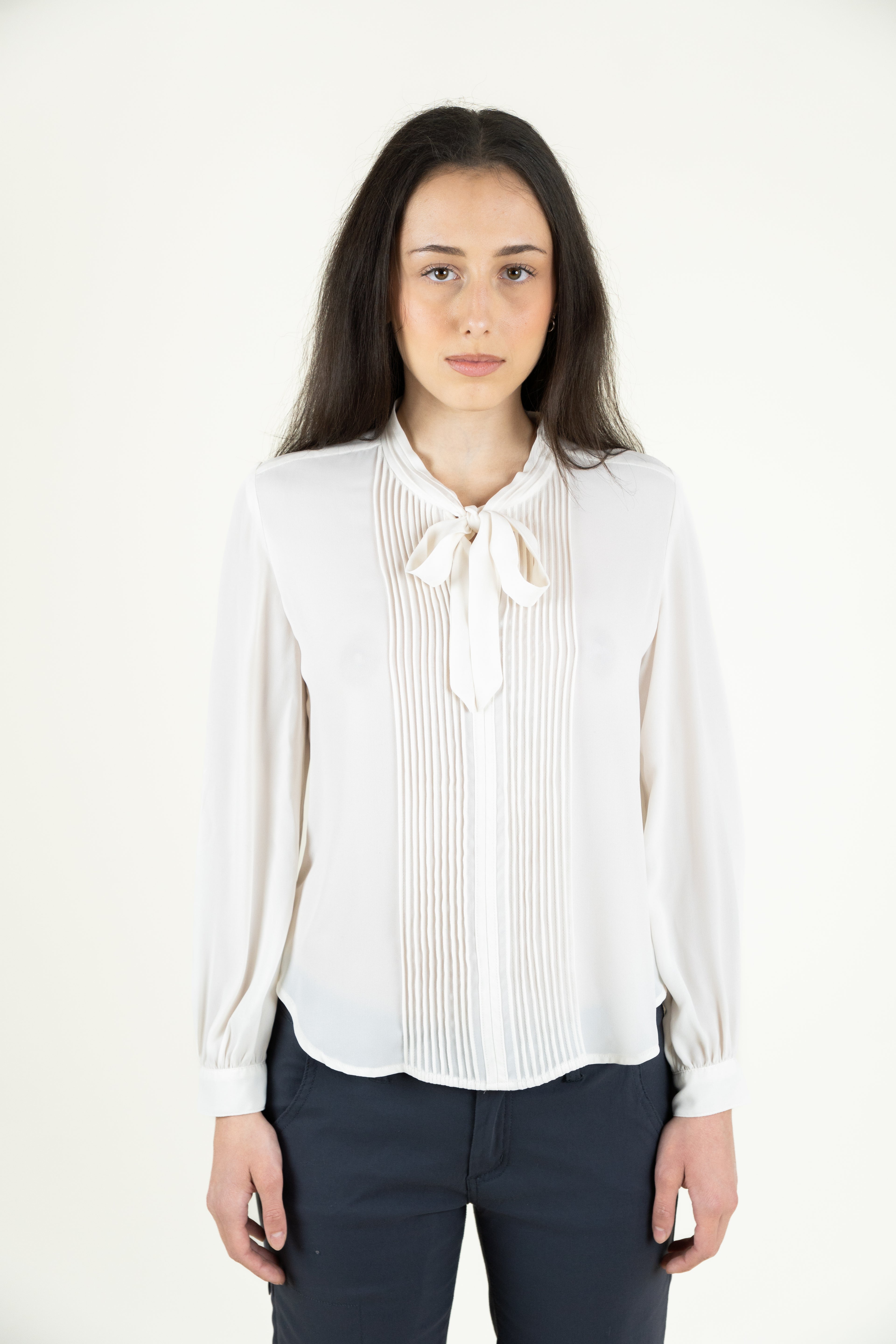 white pintuck bow blouse