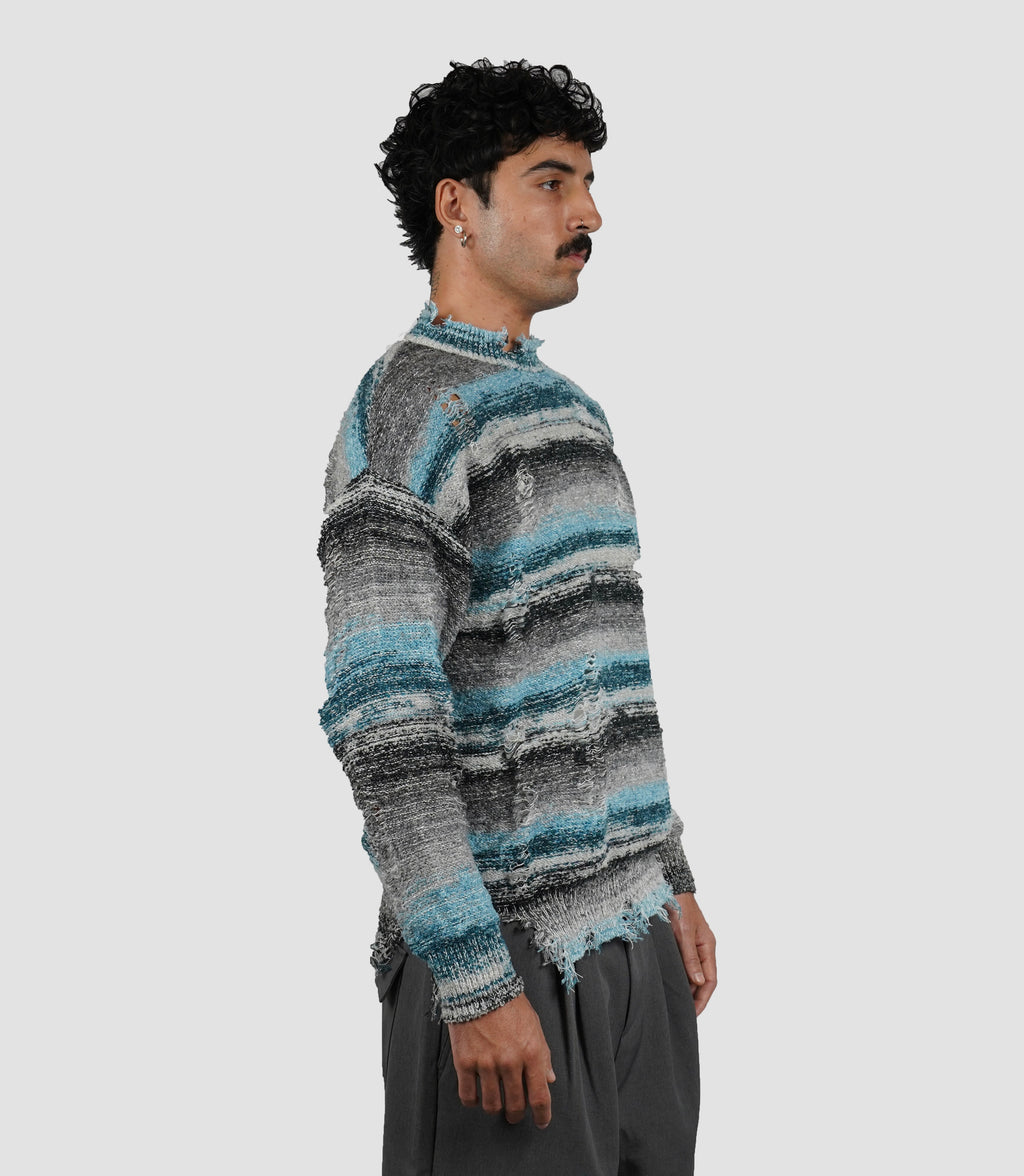 Blue striped bouclé sweater