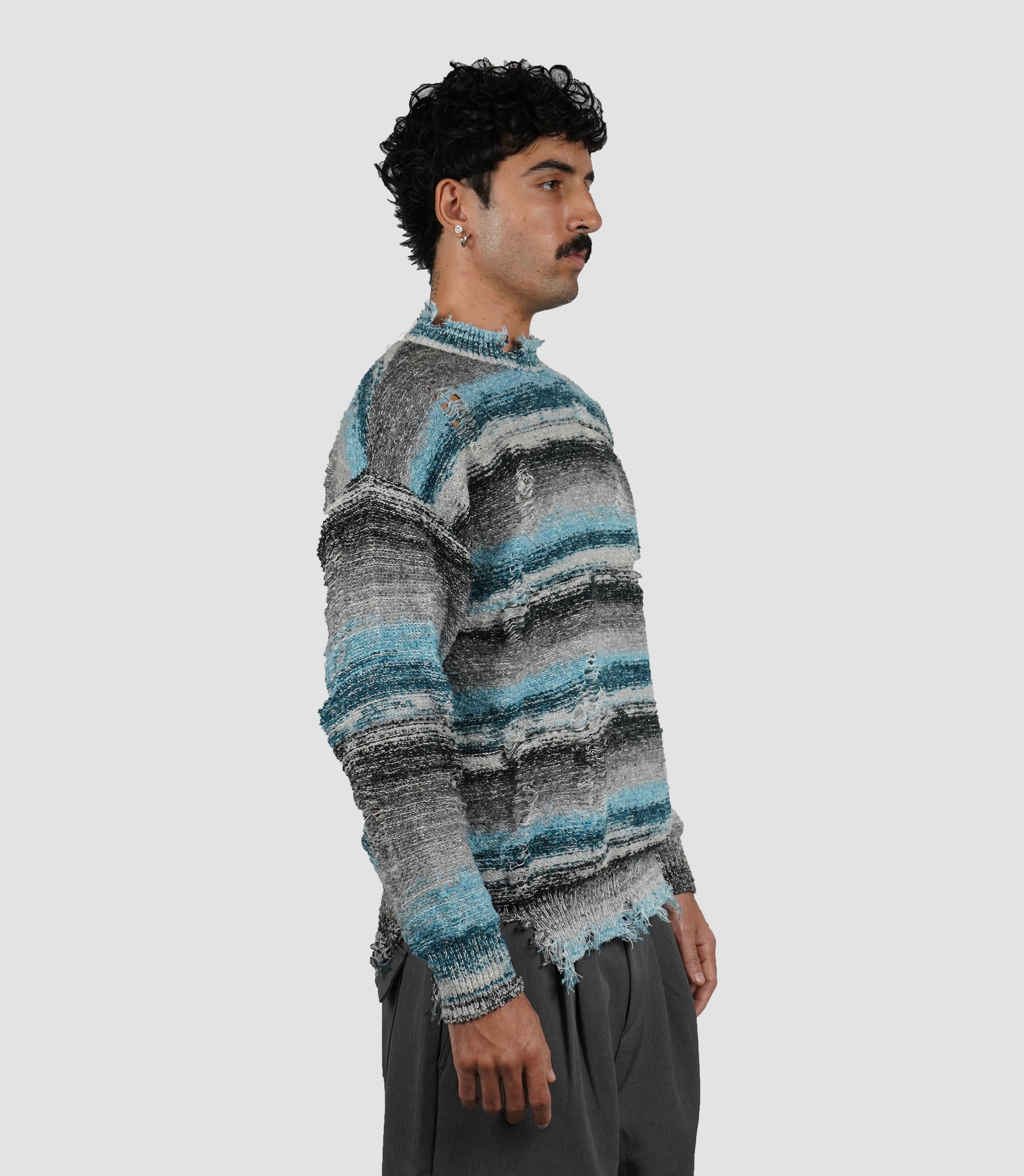 Blue striped bouclé sweater
