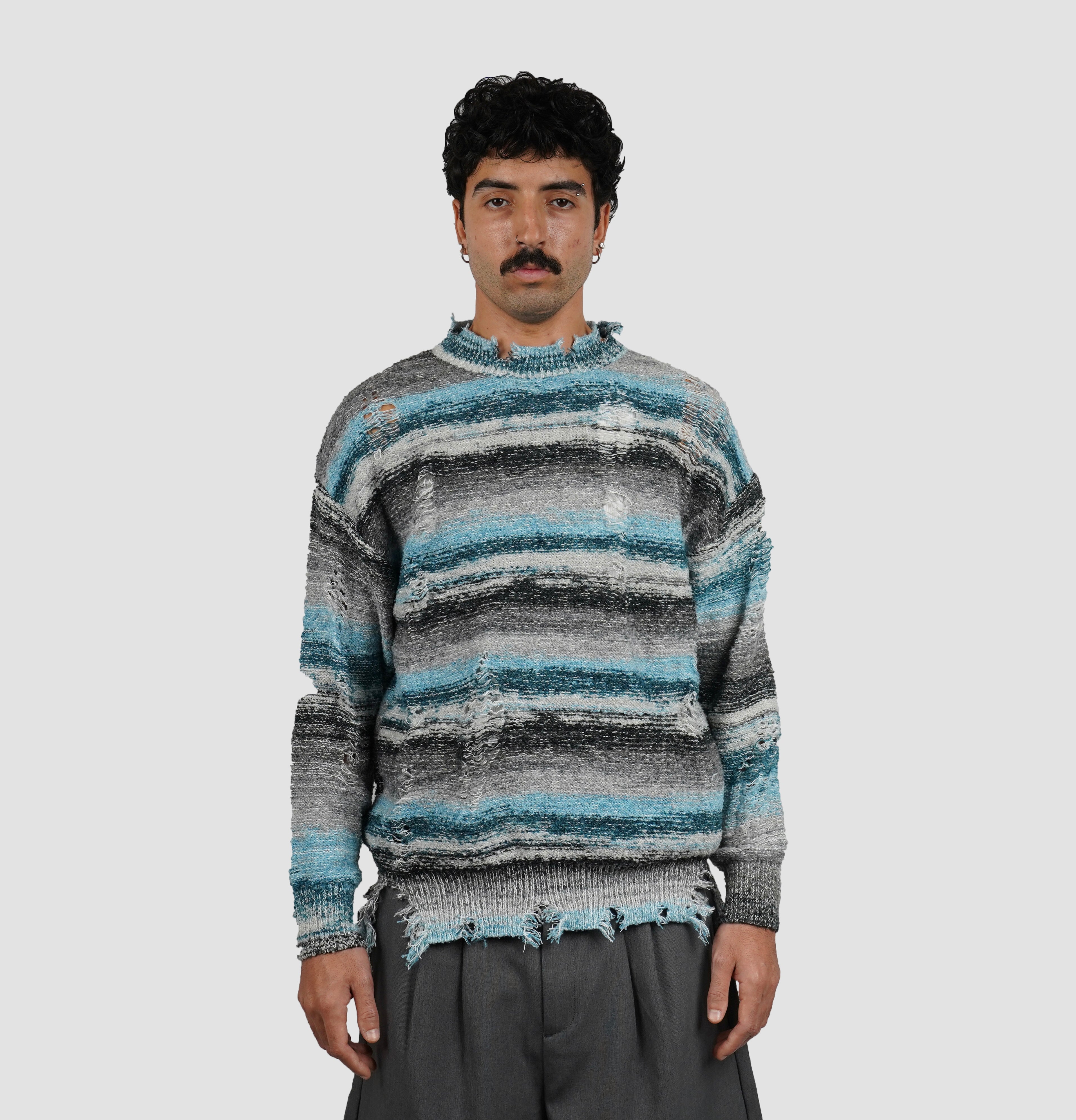 Blue striped bouclé sweater