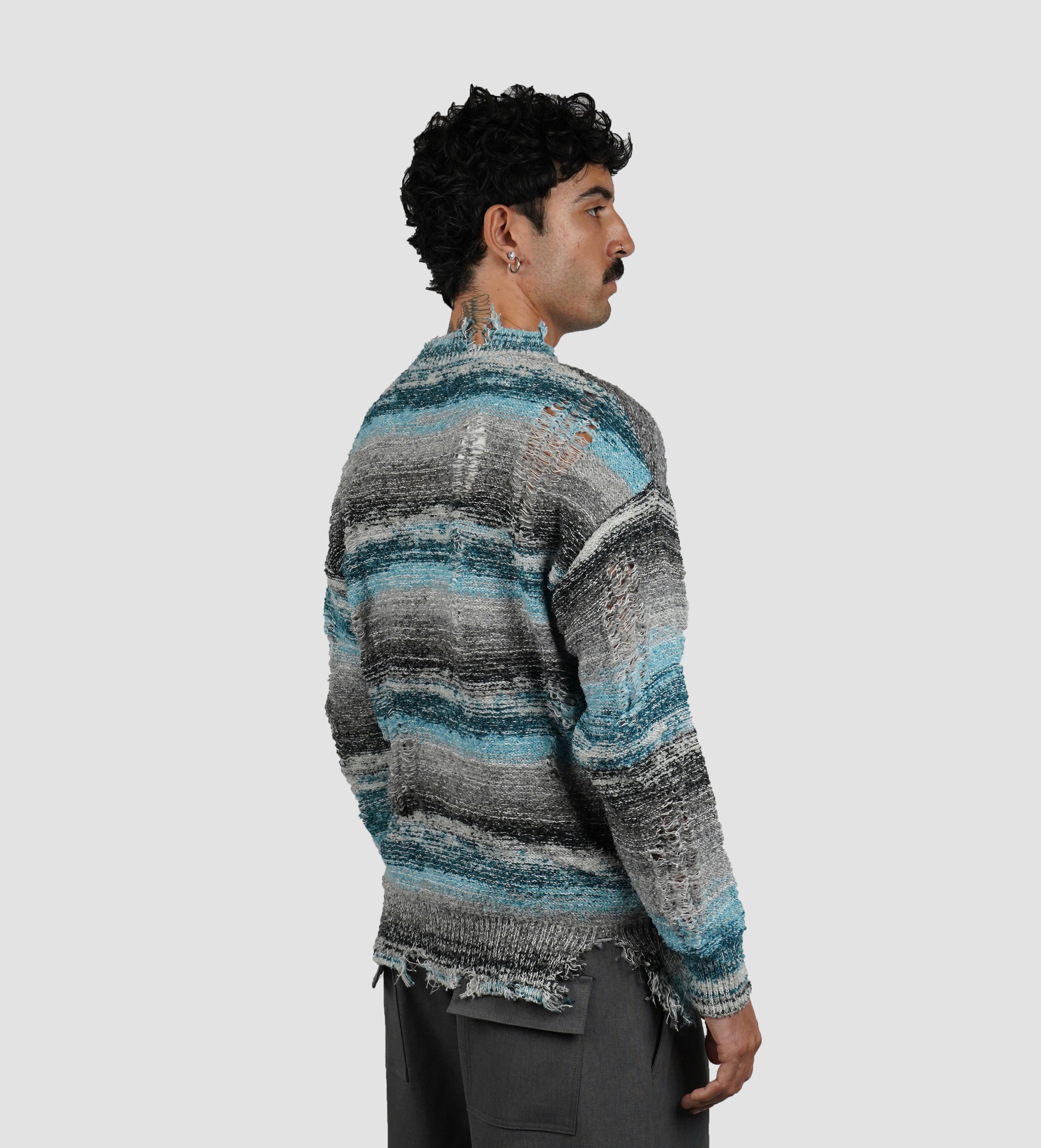 Blue striped bouclé sweater
